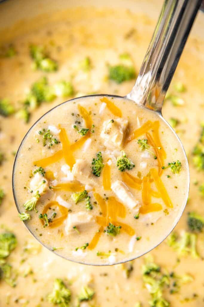 ladle of chicken broccoli cheese soup