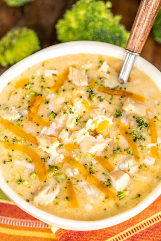bowl of chicken broccoli cheese soup