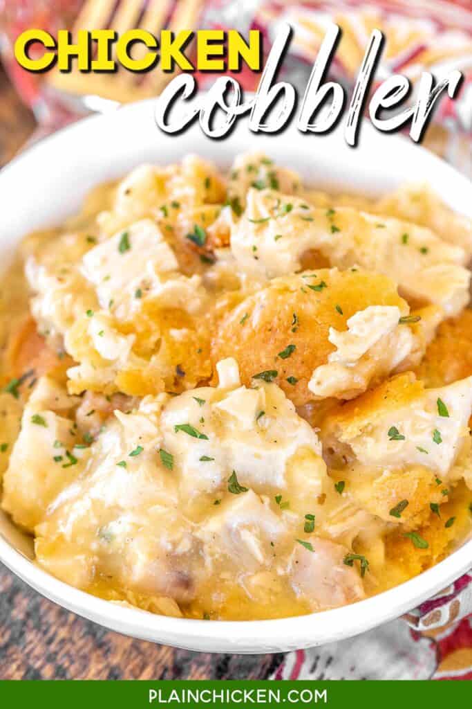 bowl of chicken and gravy casserole with text ovleray