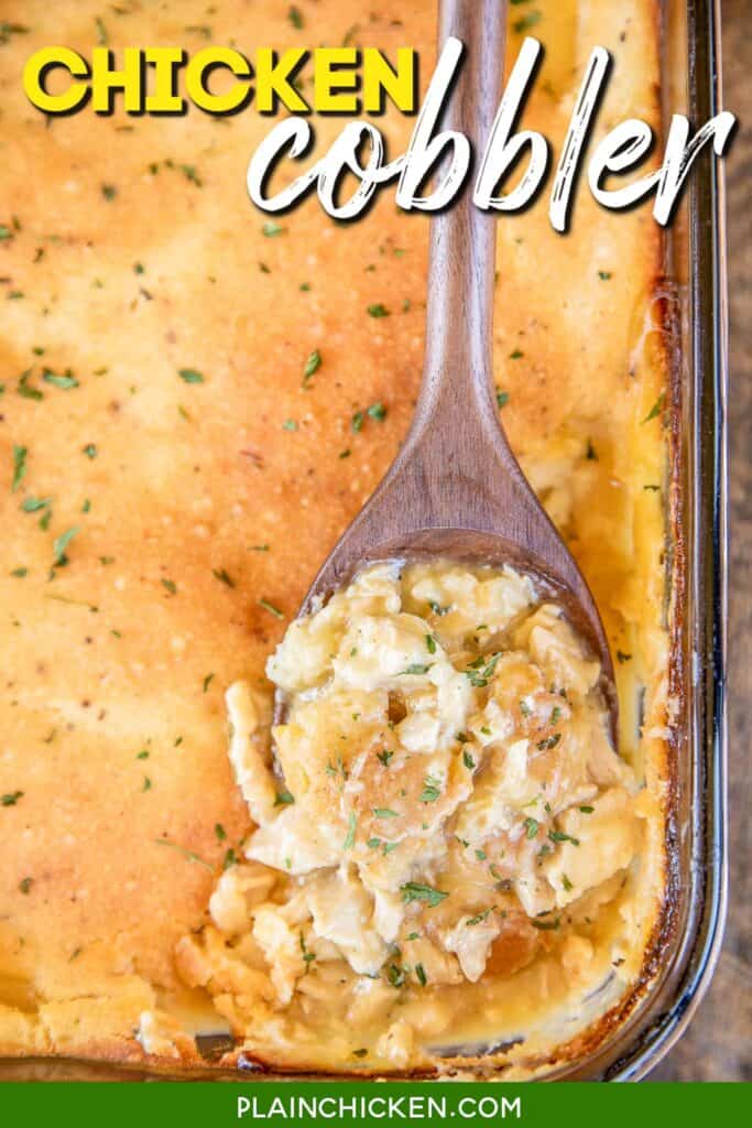 scooping chicken cobbler from baking dish with text overaly