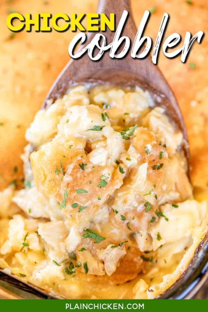 scooping chicken casserole from baking dish with text overlay