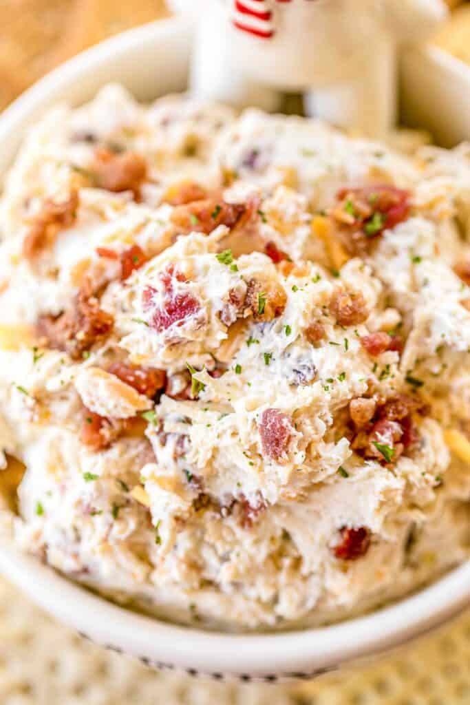 Cracked Out Chicken Dip - this stuff is SO addicting! CRAZY good!! Chicken, cream cheese, ranch mix, bacon, cheddar cheese and milk. This makes a ton! Great for parties! Can make ahead and refrigerate until ready to serve. Everyone LOVES this dip!