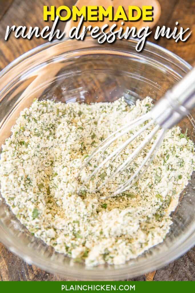 ranch seasoning in a bowl with a whisk with text overlay
