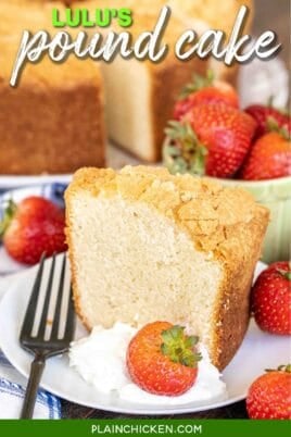 slice pound cake on a plate with strawberries