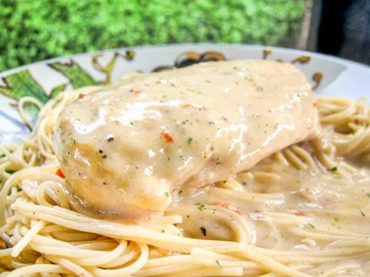 Slow Cooker Angel Chicken - chicken, cream of chicken soup, cream cheese and Italian dressing mix - serve over angel hair pasta or potatoes. So easy and super delicious!