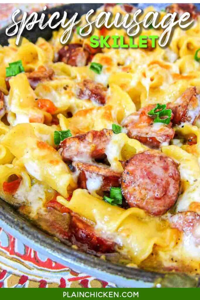 One-Pot Spicy Sausage Skillet - smoked sausage, chicken broth, cream, pasta, rotel, cheese and green onions. Everything cooks in the same skillet, even the pasta! Quick recipe! Ready in 15 minutes! My husband asked for this 3 days in a row!