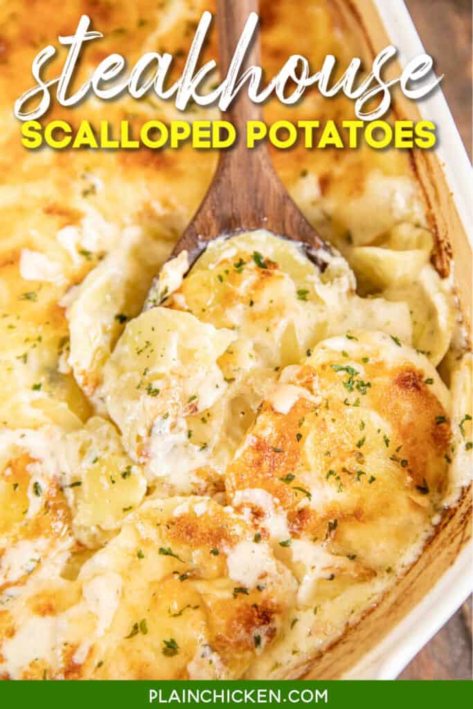 scooping scalloped potatoes from baking dish