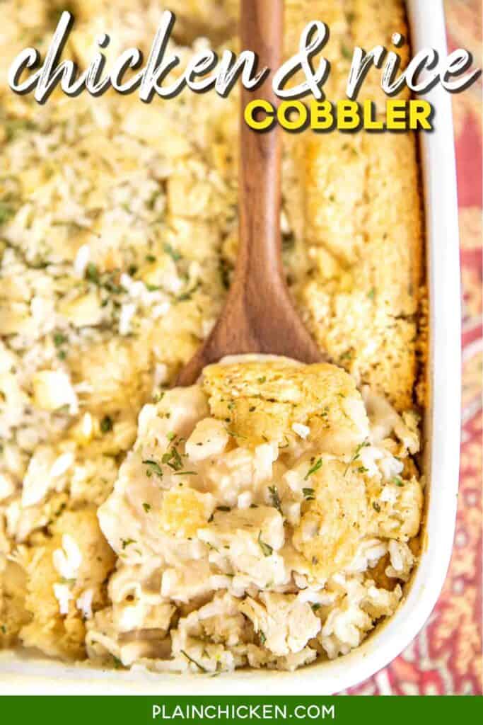 scooping chicken & rice cobbler from baking dish