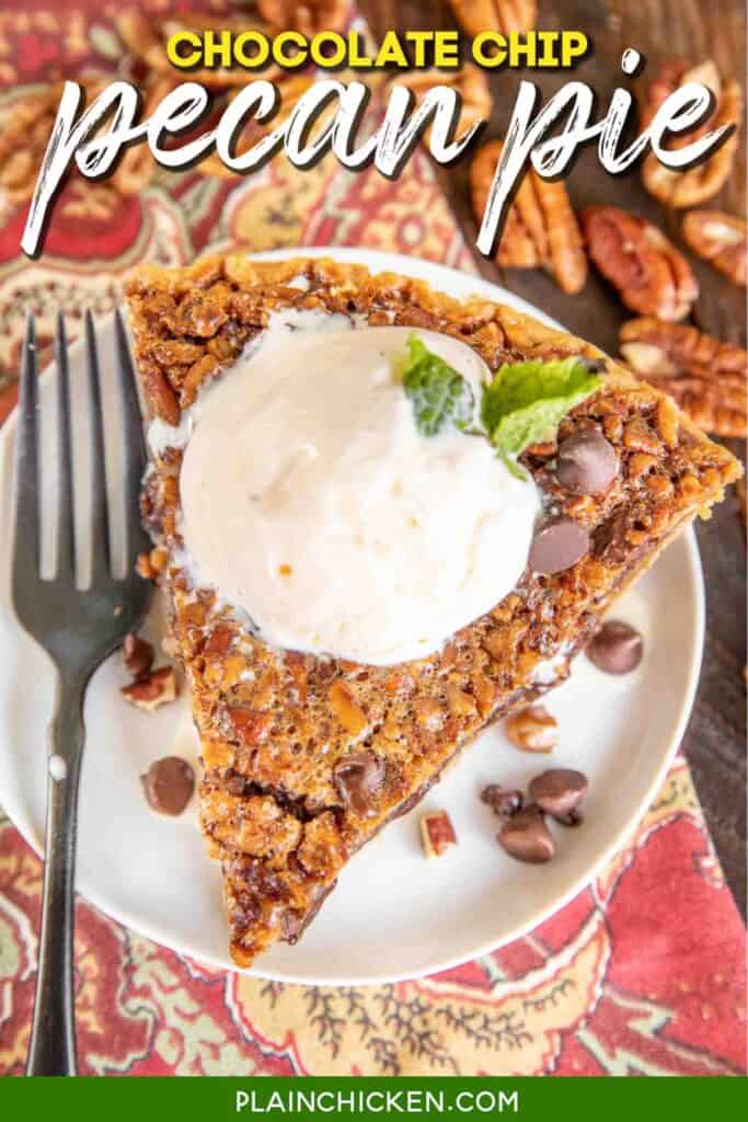 slice of chocolate chip pecan pie on a plate