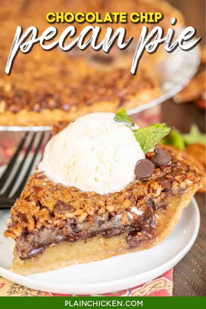 slice of chocolate chip pecan pie on a plate