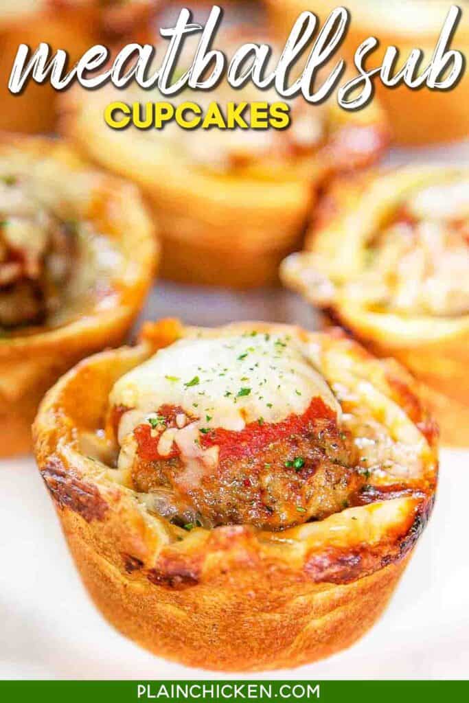 Meatball Sub Cupcakes - cream cheese, frozen meatballs, marinara and mozzarella stuffed in crescent rolls and baked in a muffin pan - SO good!! Great for lunch, dinner or a party!
