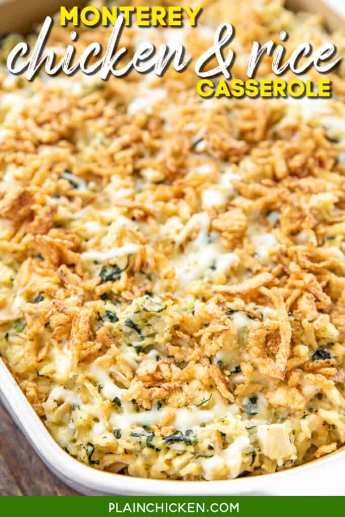 casserole dish of chicken spinach and rice casserole