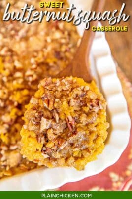 scooping butternut squash casserole from baking dish