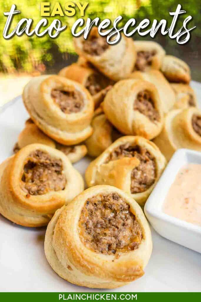 Taco Crescents - taco meat, cream cheese and cheddar wrapped in crescent rolls. Great for a quick dinner or party!! serve with a salsa ranch dipping sauce.