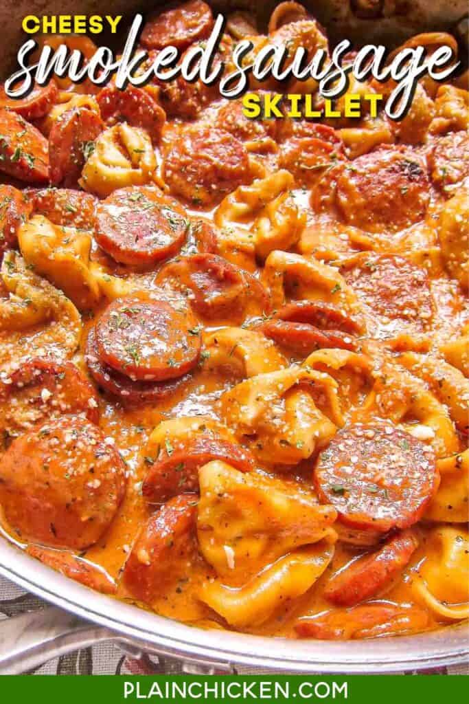 skillet of smoked sausage and tortellini in tomato saucen 