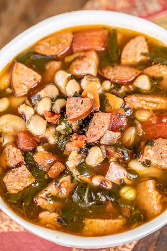 bowl of sausage and spinach soup