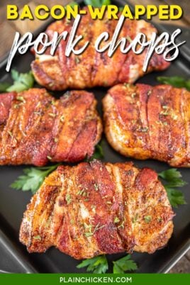 plate of bacon wrapped pork chops