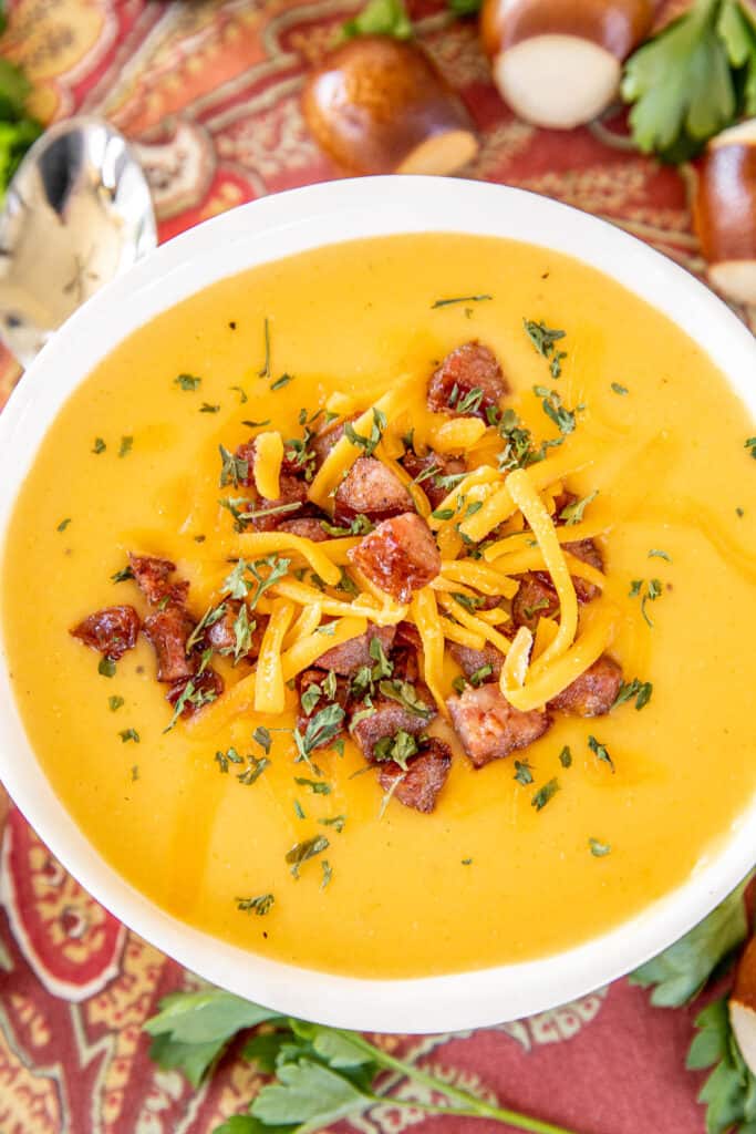 bowl of beer cheese and smoked sausage soup