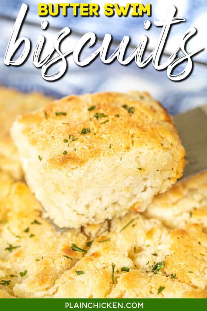 butter dip biscuit on a spatula with text overlay