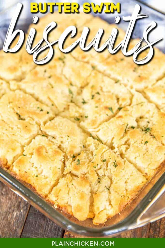 baking dish of butter swim biscuits with text overlay