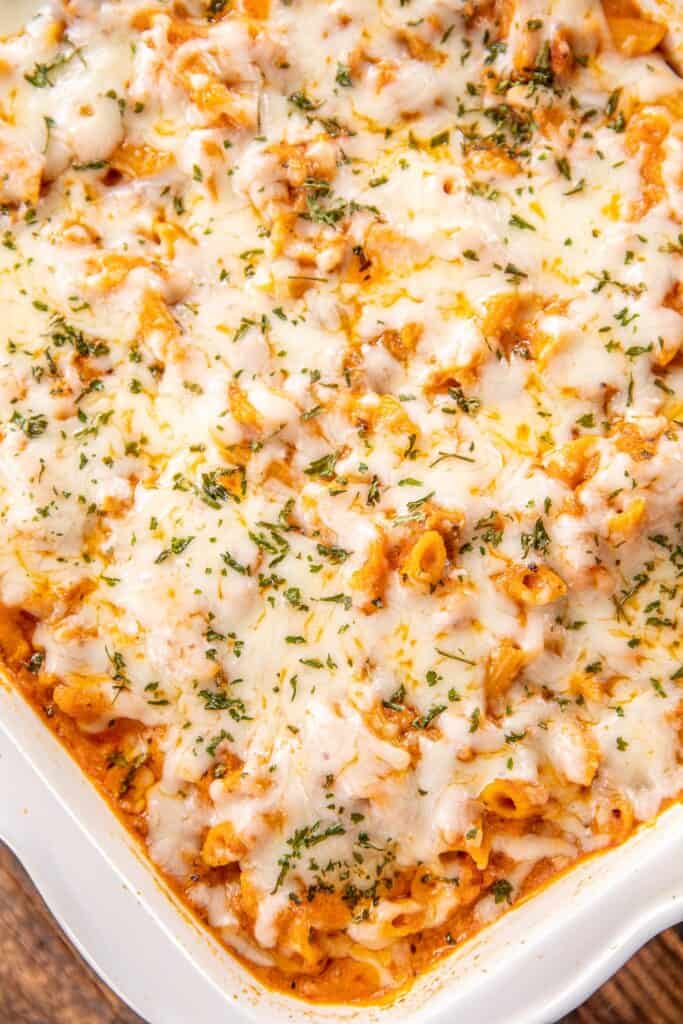 casserole dish of baked penne pasta