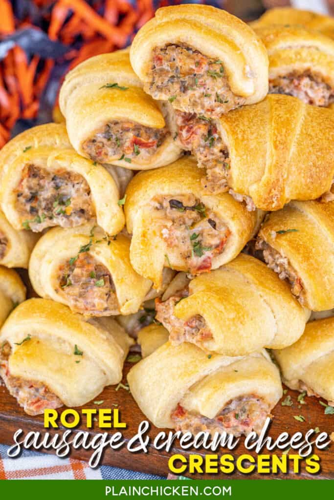 platter of crescent rolls stuffed with sausage cream cheese and rotel