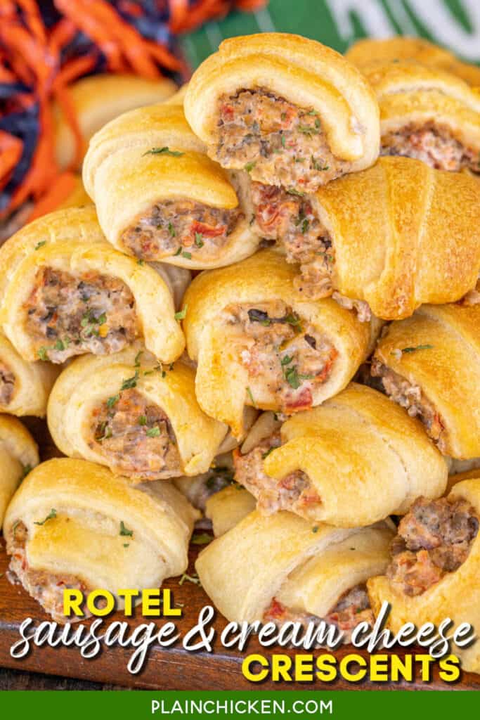 platter of crescent rolls stuffed with sausage cream cheese and rotel