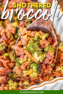 scooping bacon and broccoli from baking dish