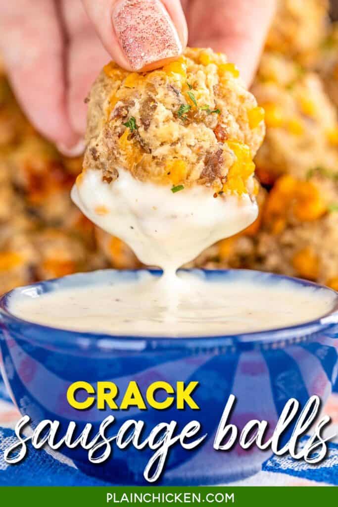 dipping crack sausage ball into ranch dressing