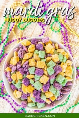 bowl of yellow, purple, and green muddy buddy treats