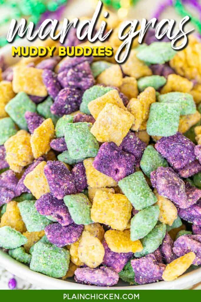 bowl of yellow, purple, and green muddy buddy treats