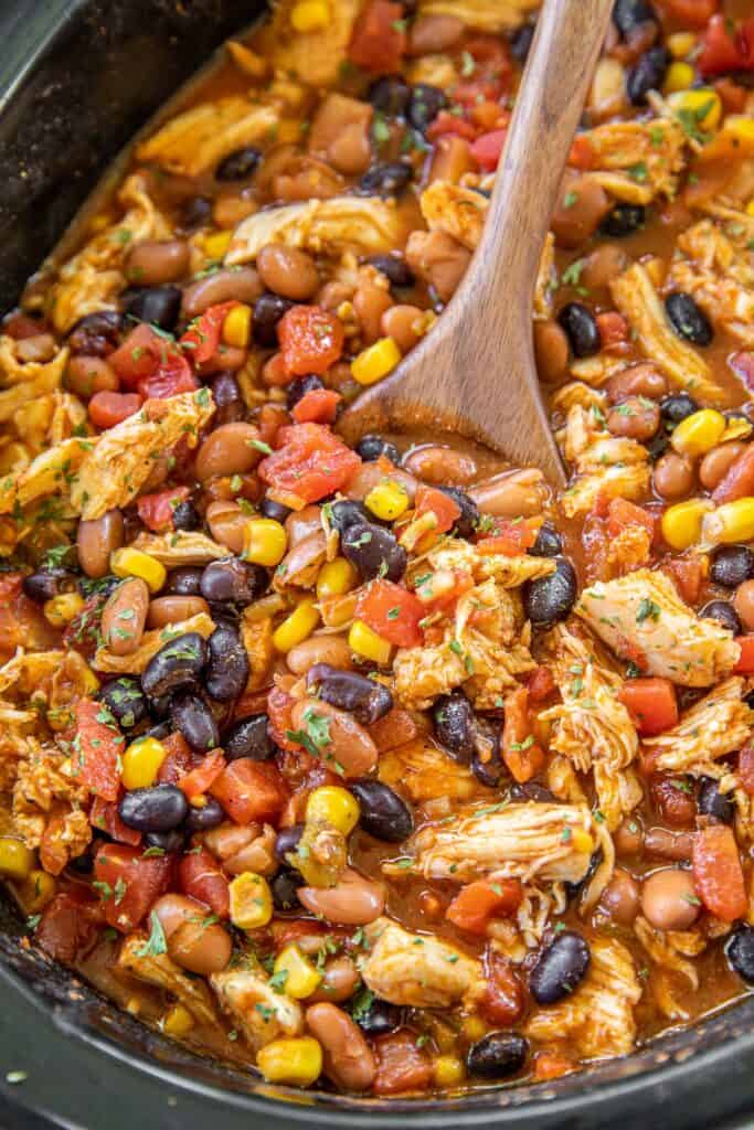 slow cooker of chicken chili with beans