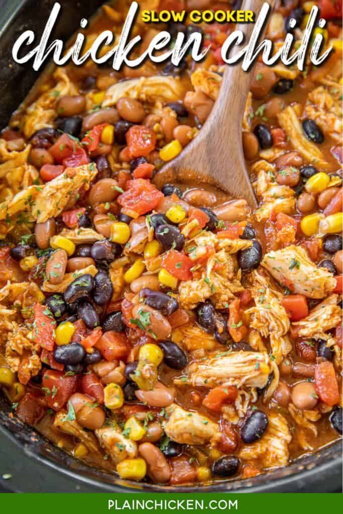 slow cooker of chicken chili with beans