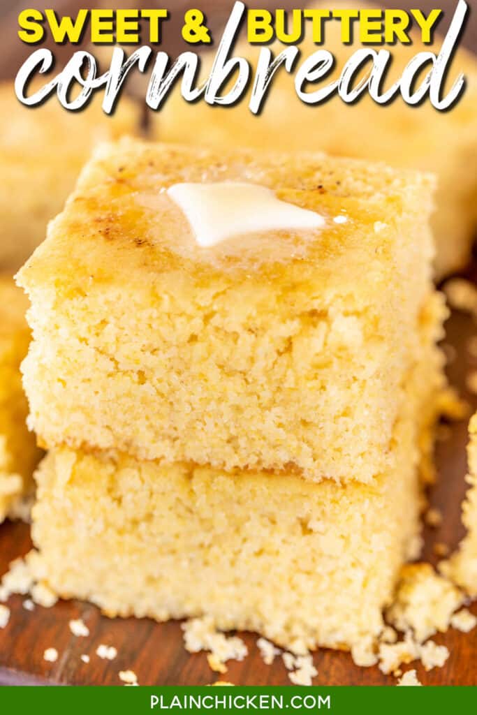 two slices of cornbread stacked on top of each other with butter
