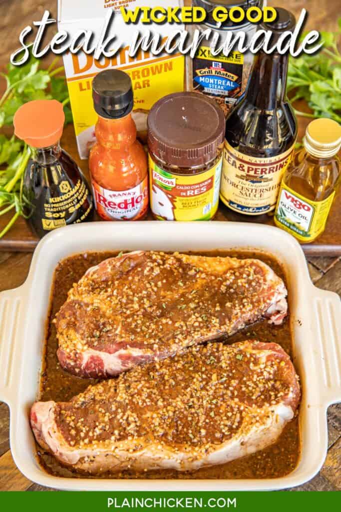 steaks in wicked good marinade with ingredients
