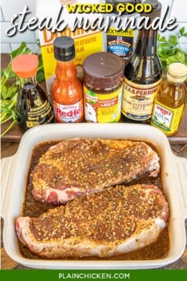 steaks in wicked good marinade with ingredients