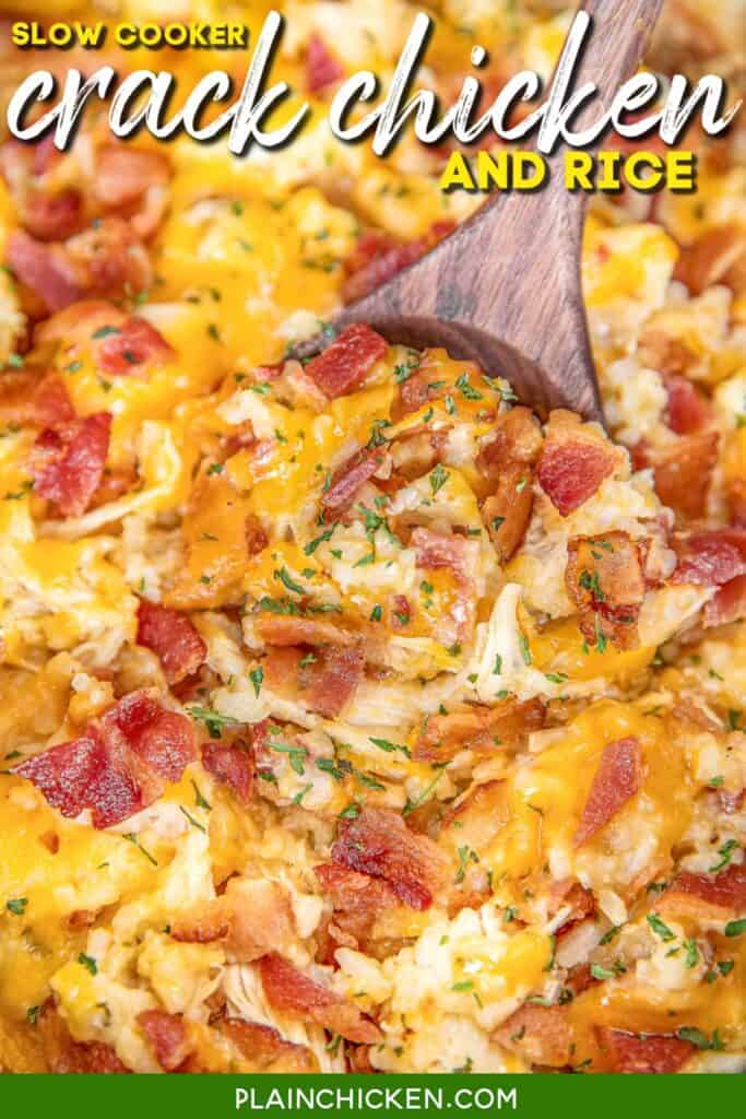 scooping cheesy chicken & bacon rice from slow cooker