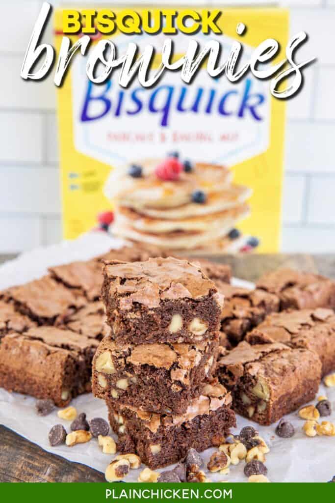 stack of brownies with a box of bisquick in the background