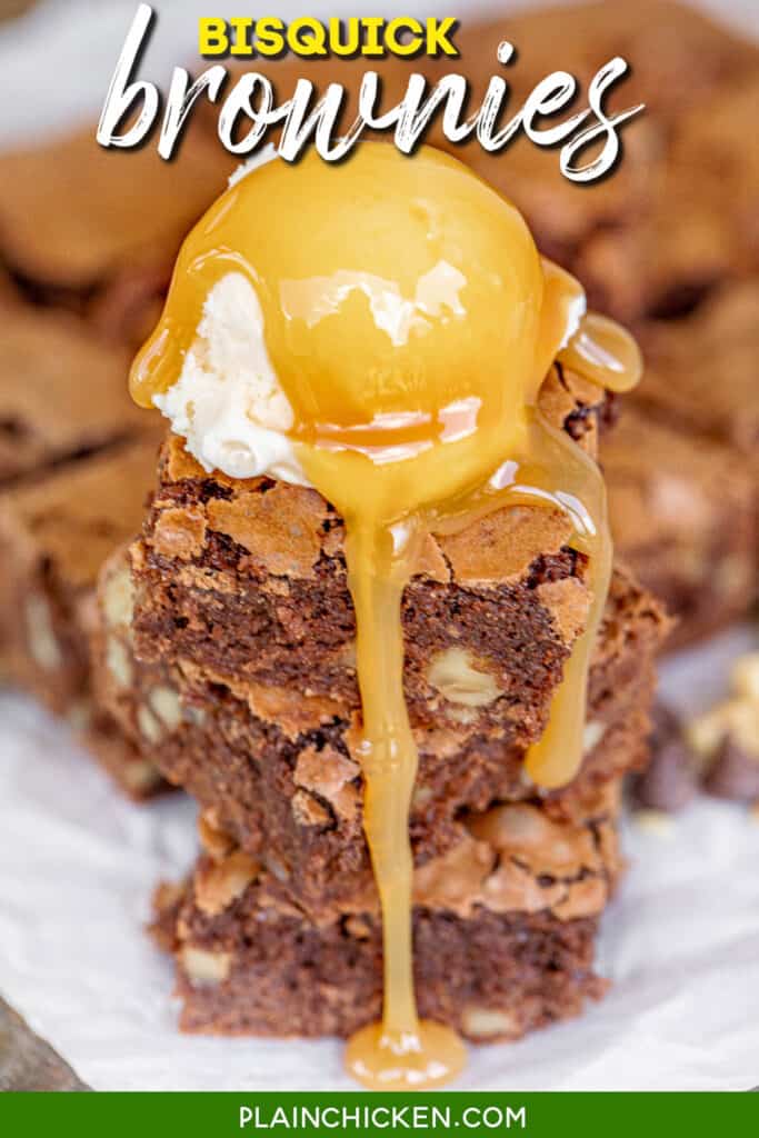 stack of brownies with ice cream and caramel sauce