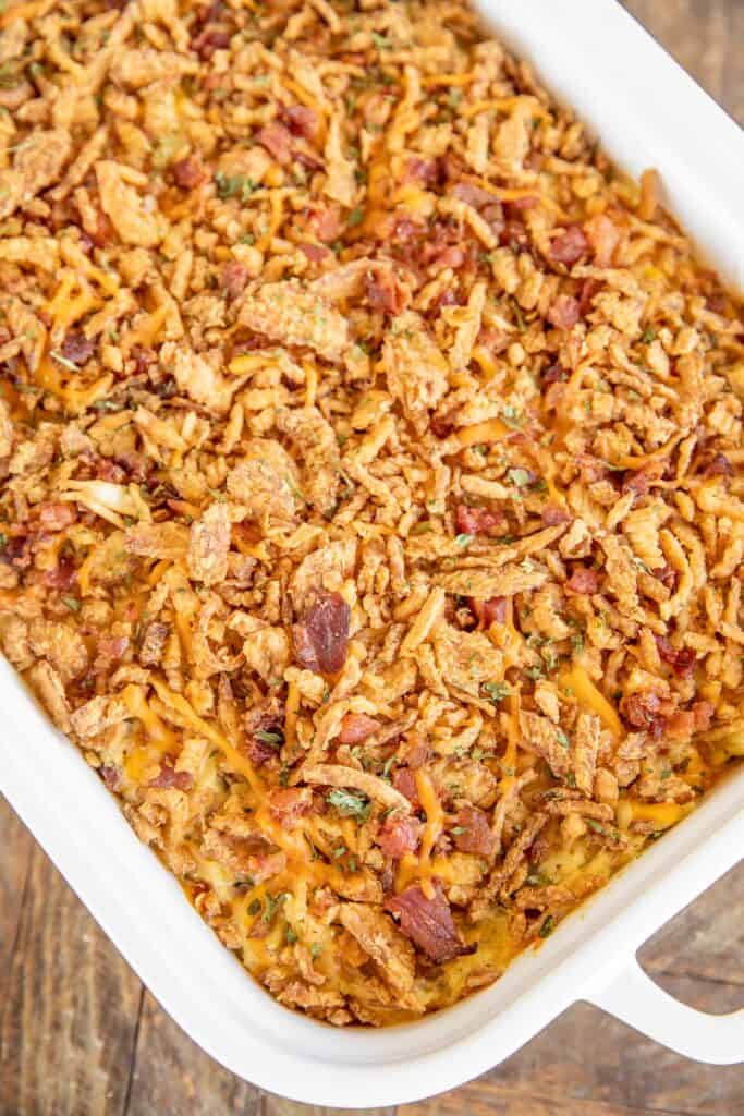 baking dish of chicken bacon and rice casserole
