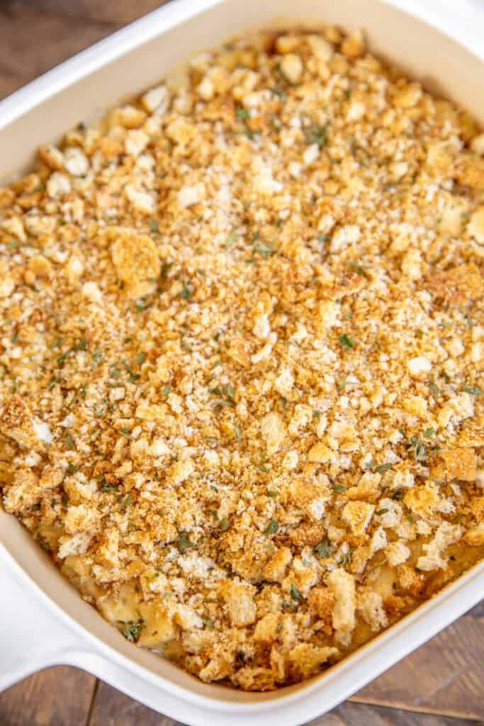 baking dish of chicken casserole topped with croutons