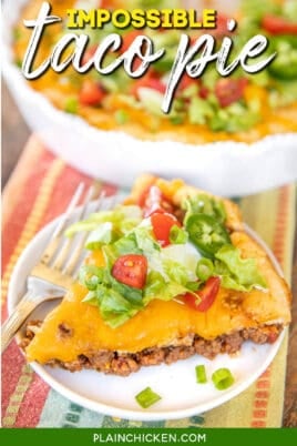 slice of taco pie on a plate topped with lettuce and tomato