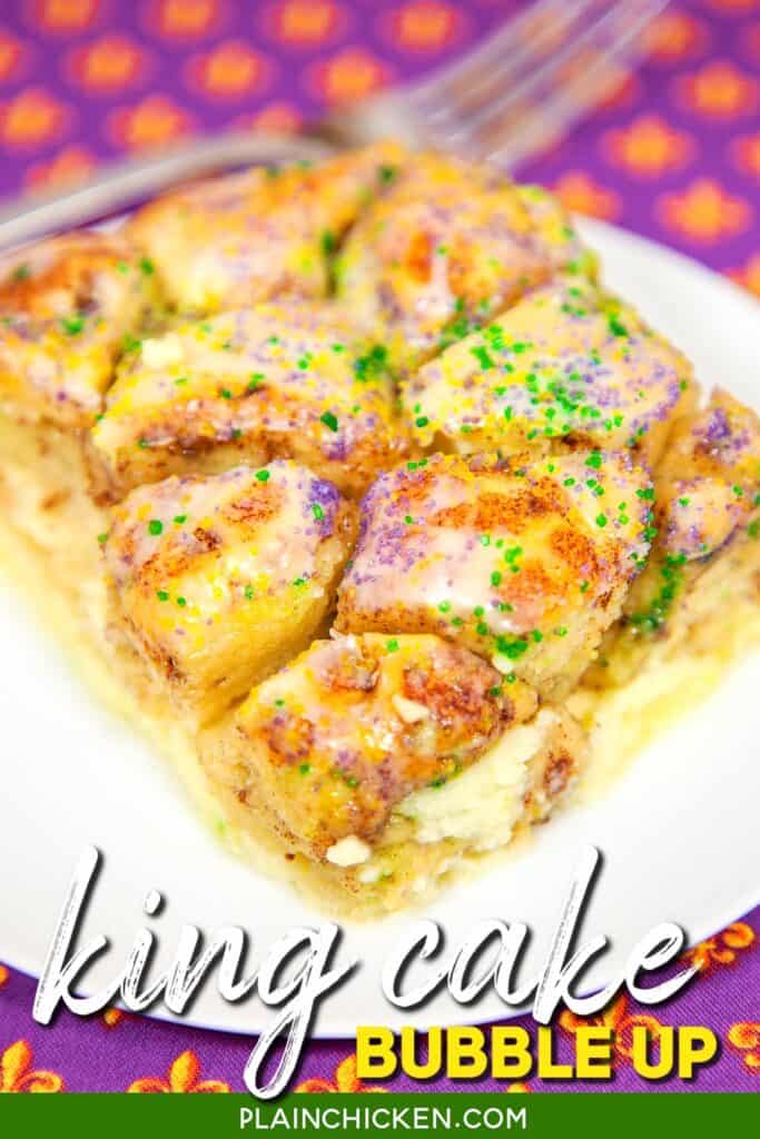 slice of king cake bubble up on a plate