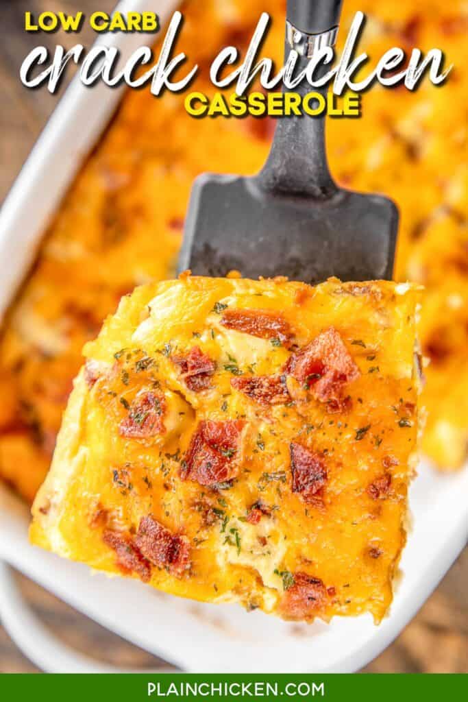 slice of chicken and bacon casserole on a spatula 