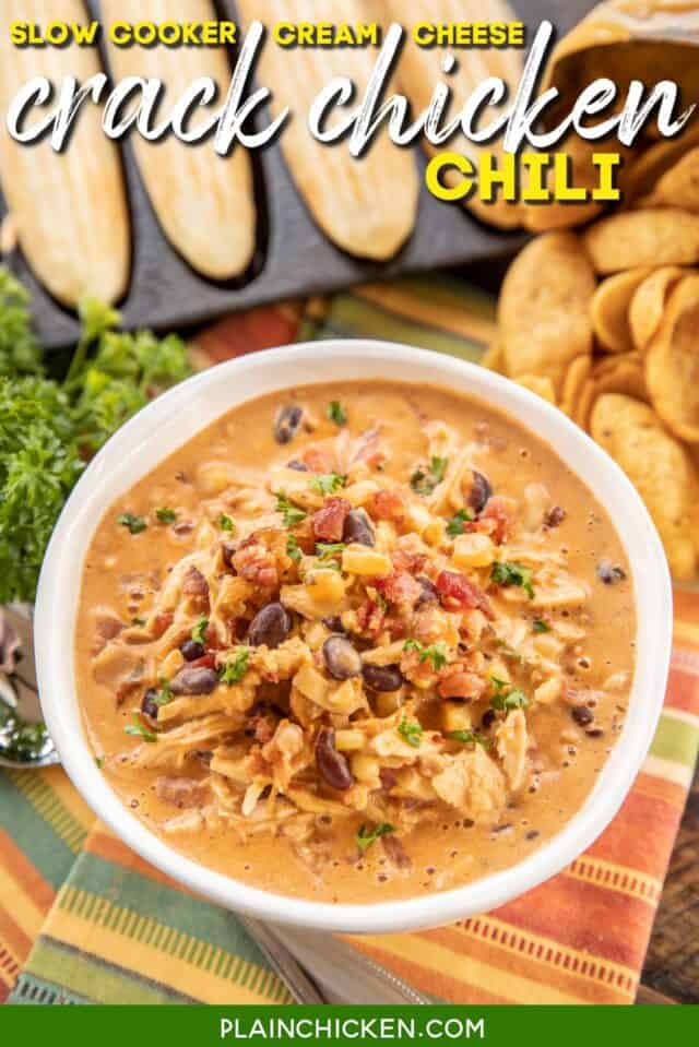 bowl of chicken chili with cornbread and fritos