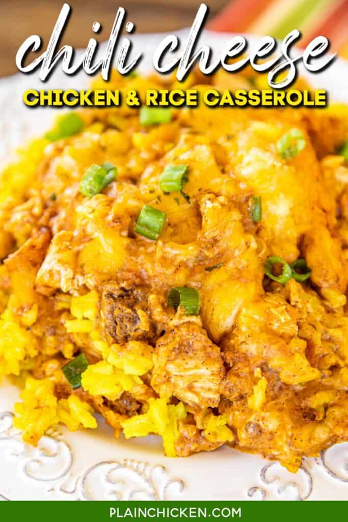 plate of cheesy chicken and chili rice casserole