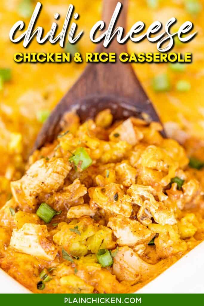 scooping chicken and rice casserole from baking dish