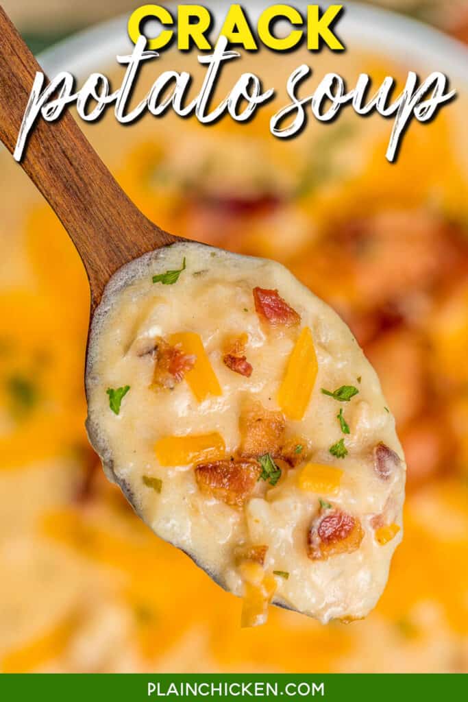 spoonful of potato soup with cheese and bacon