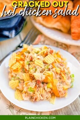 plate of baked chicken salad casserole with potato chips
