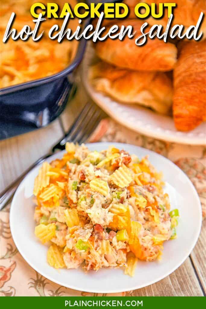 plate of baked chicken salad casserole with potato chips